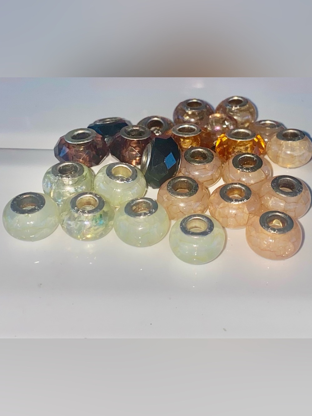24 Pc Faceted Glass European Large Hole Beads ~ Neutral Tones